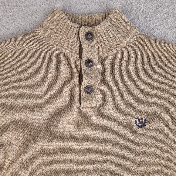 Chaps Sweater Mens Large Brown Mock Neck 1/4 Button Cotton Pullover - Picture 2 of 15
